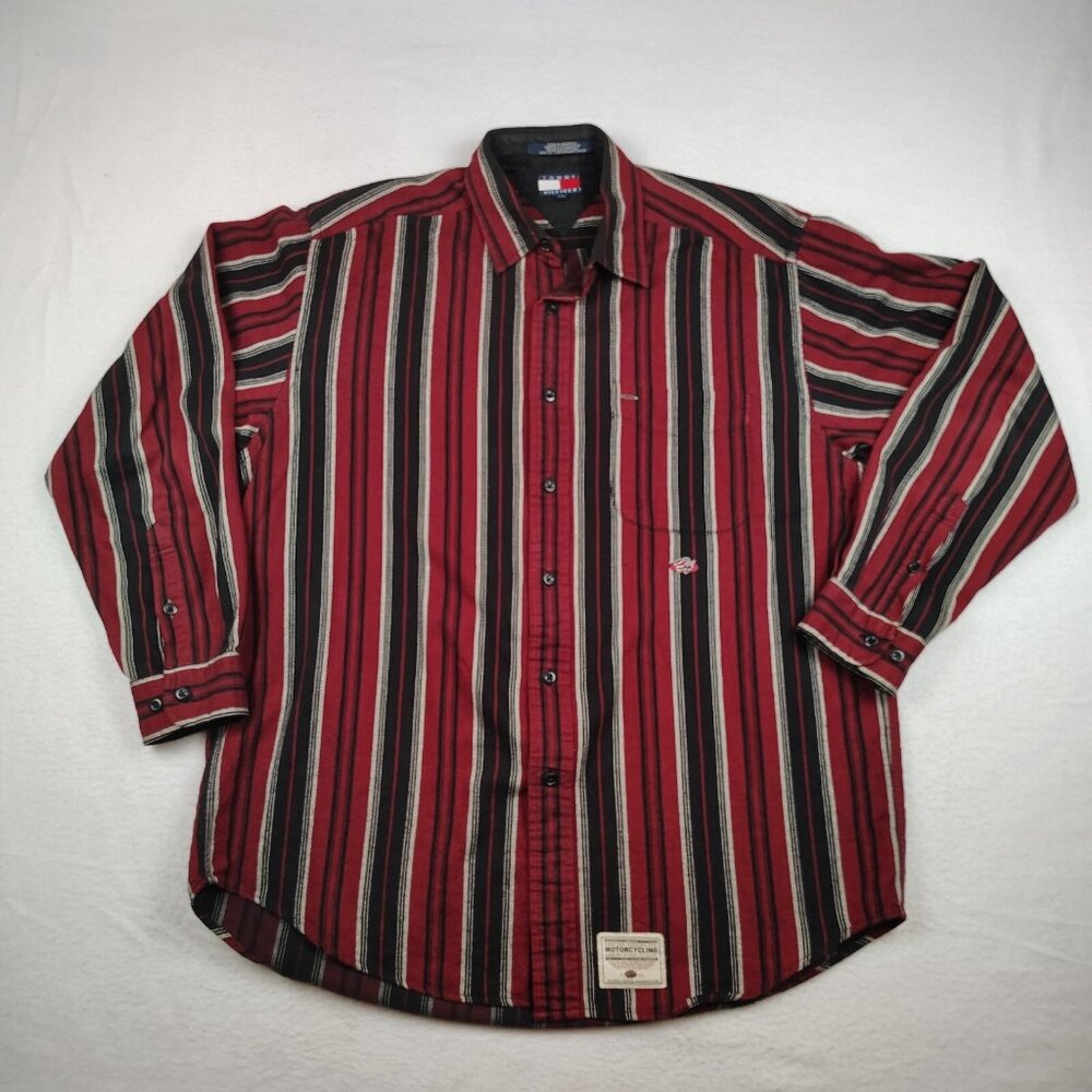 VTG Tommy Hilfiger Striped Shirt Mens Medium Red Motorcycle Cotton